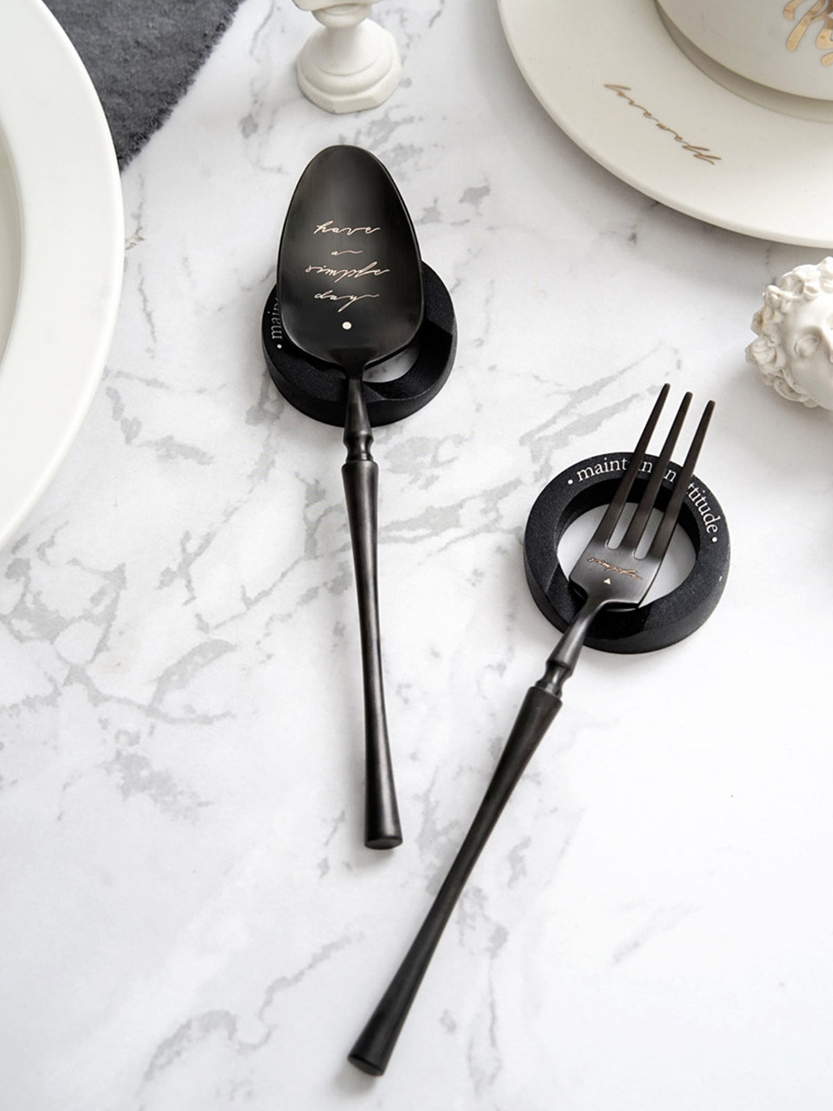 Unique & Beautiful Flatware Set Black Utensils Service For 5 with Dessert Fork,Dessert Spoon, Knife, Spoon, Dinner Fork,Stainless Steel Flatware, 5 Piece Place Setting