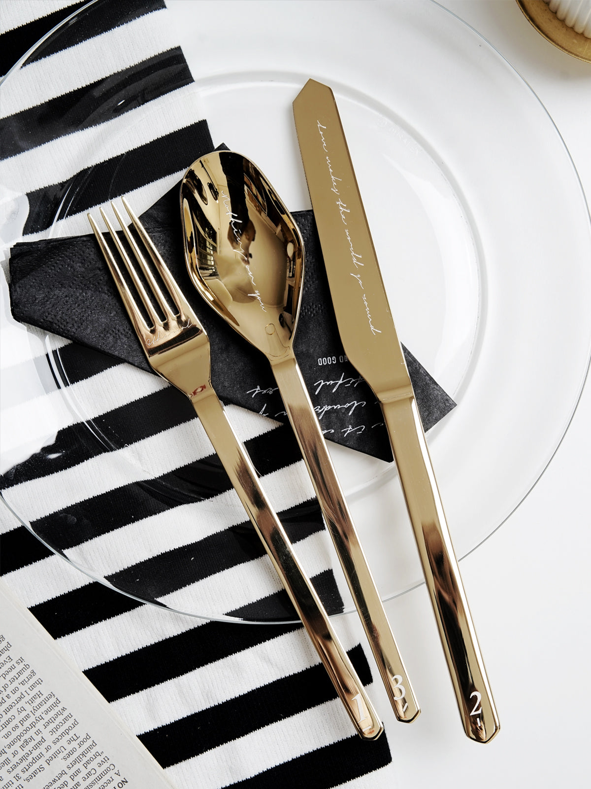 Unique & Beautiful Flatware Set - Golden Polished Stainless Steel Utensils Service For 3, with Dinner Knife, Dinner Spoon, Dinner Fork, 3 Piece Place Setting