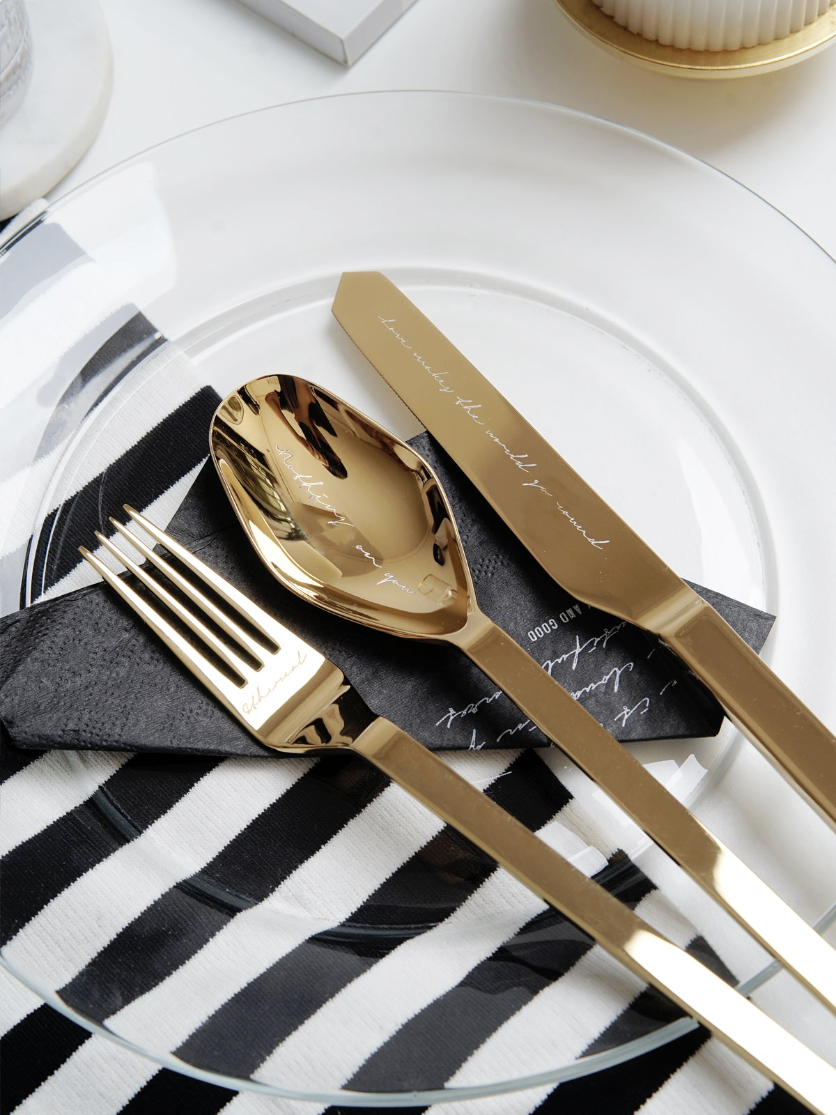 Unique & Beautiful Flatware Set - Golden Polished Stainless Steel Utensils Service For 3, with Dinner Knife, Dinner Spoon, Dinner Fork, 3 Piece Place Setting