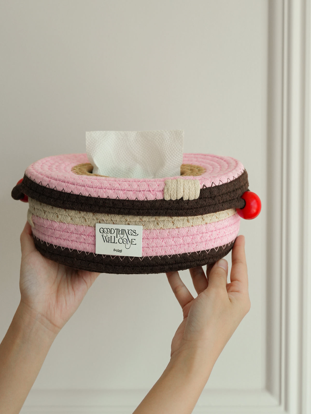 Handcrafted Cotton Cord Tissue Box with Decorative Red Ball，Home Decoration for Bedroom Dresser Night Stand Office Desk