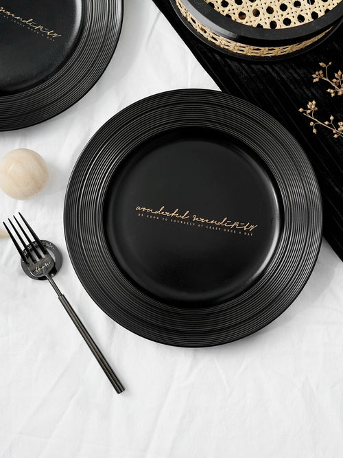 10" Dinner Plates with Relief Patterns, For Dessert, Salad, Appetizer, Small Lunch, Breakfast,Steak,Stylish Matte Black Ceramic Plates, Dishwasher and Microwave Safe