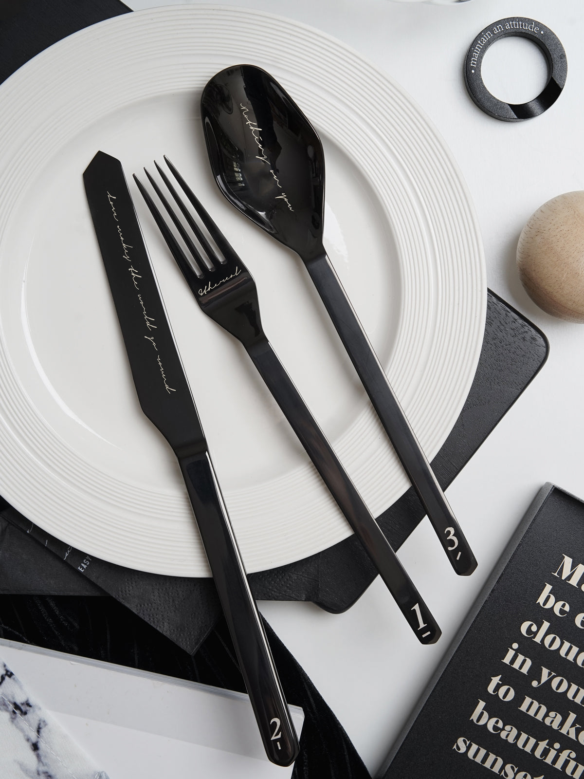 Unique & Beautiful Flatware Set - Black Polished Stainless Steel Utensils Service For 3, with Dinner Knife, Dinner Spoon, Dinner Fork, 3 Piece Place Setting