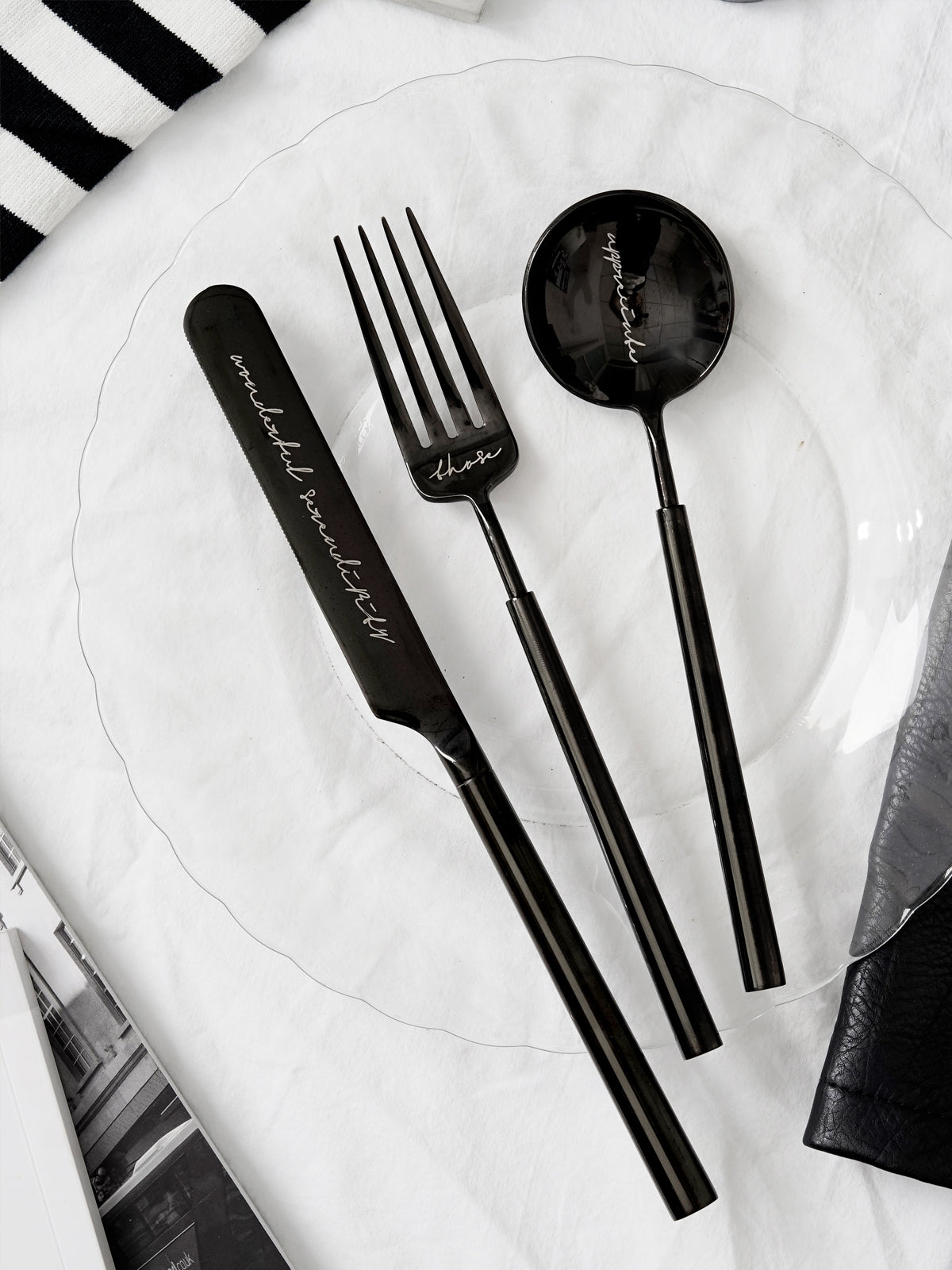 Premium & Unique Flatware Set - Black Polished Stainless Steel Utensils Service For 3, with Dinner Knife, Dinner Spoon, Dinner Fork, 3 Piece Place Setting