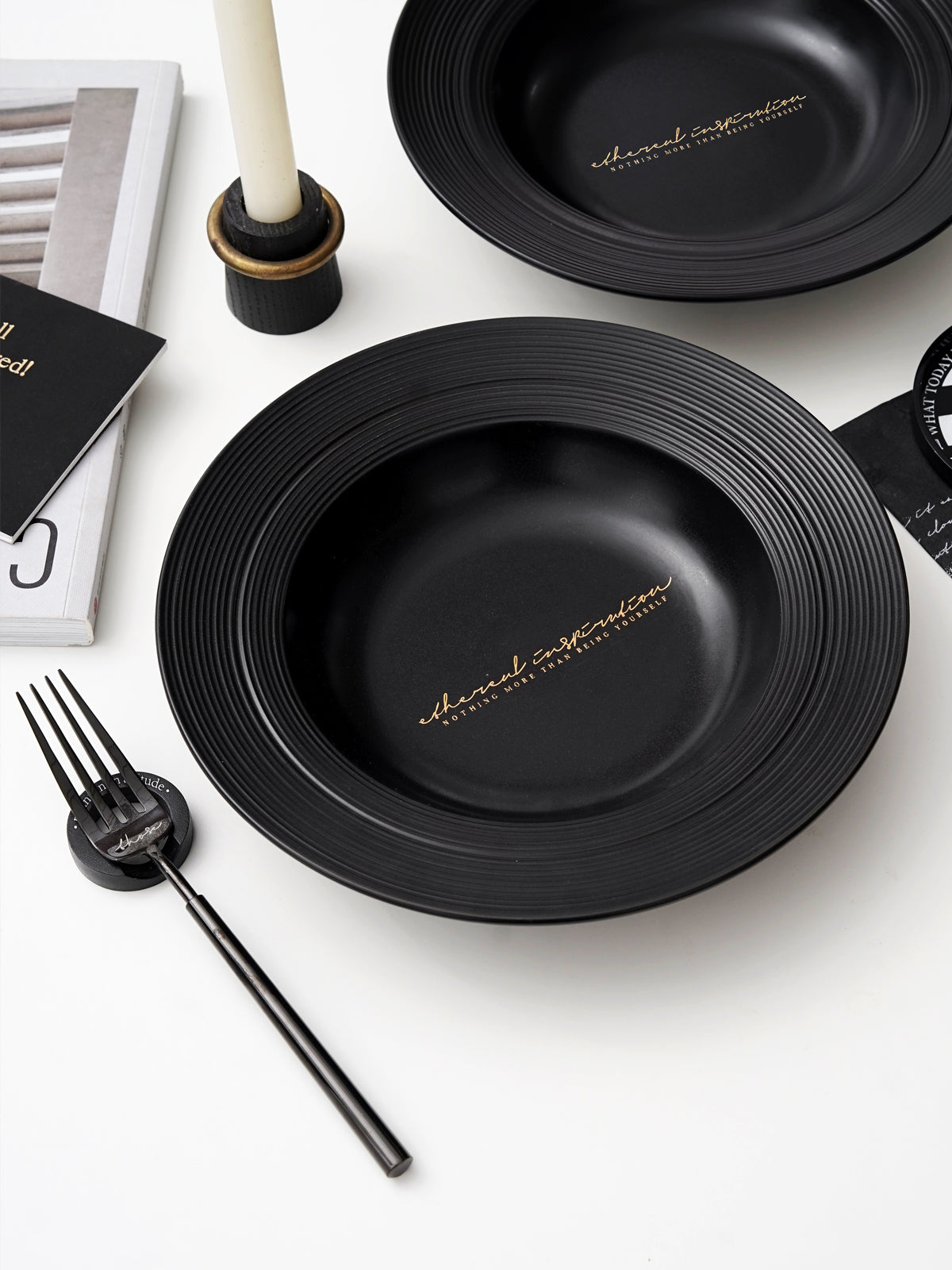 8.9" Premium Ceramic Soup Plates with Relief Patterns, for Cereal, Soup, Rice, Pasta, Salad, Oatmeal,Breakfast,Stylish Matte Black Ceramic Plates, Dishwasher and Microwave Safe