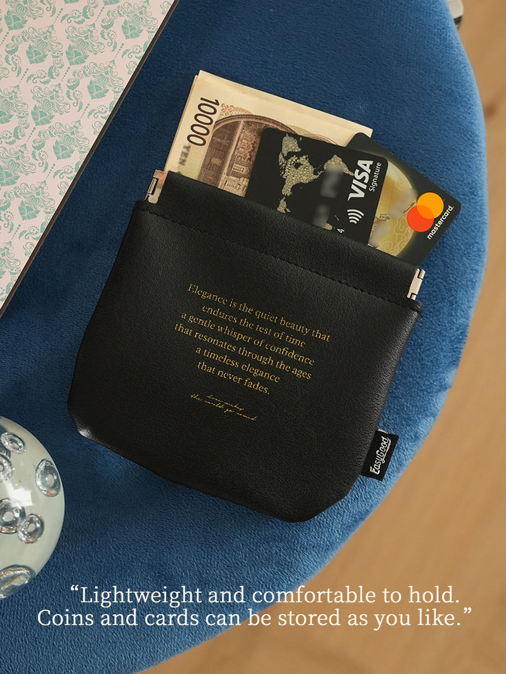 Automatic closure cosmetic organizer bag, travel-friendly, for storing data cables, miscellaneous items, passports, and coins.