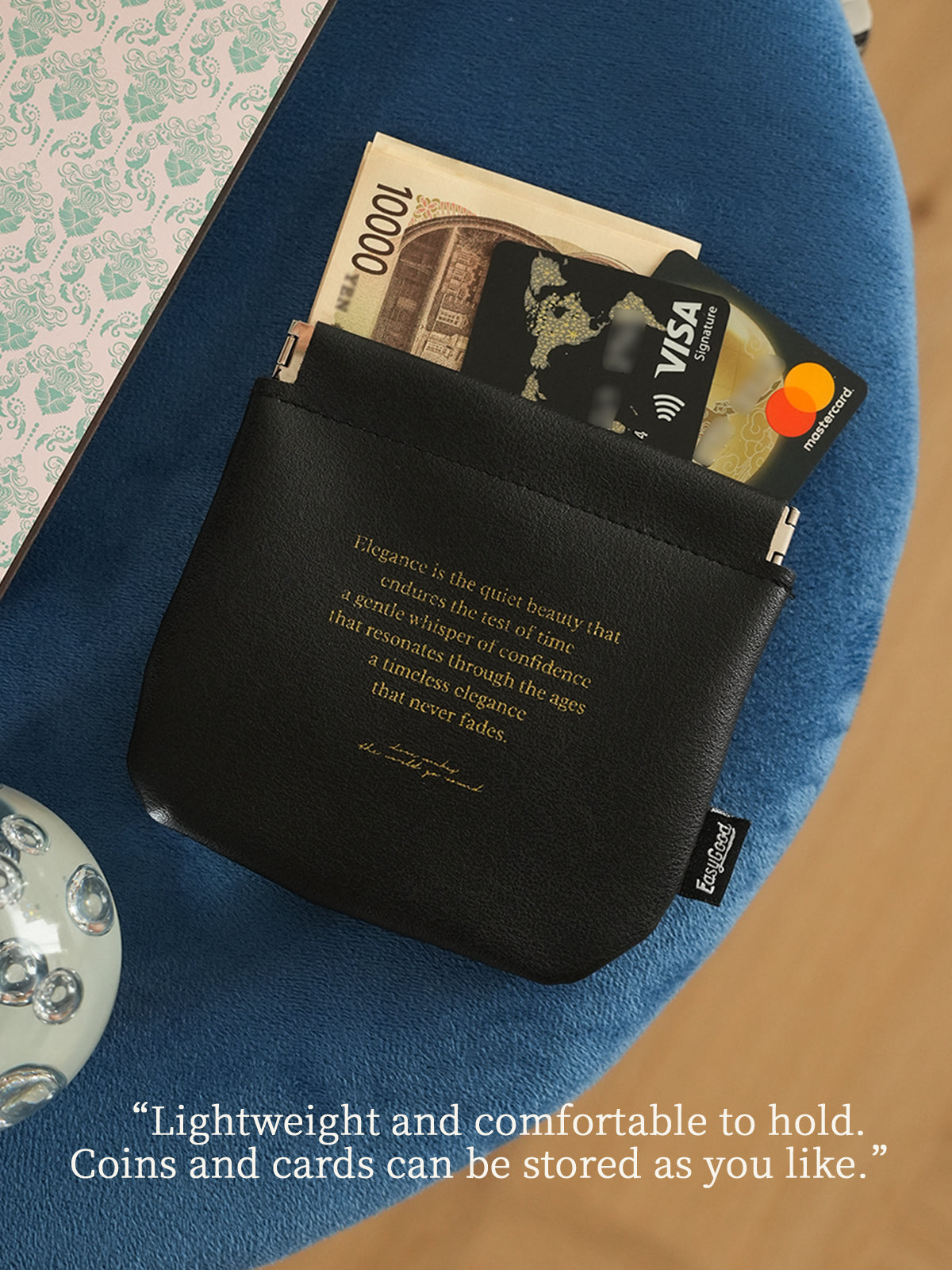 Automatic closure cosmetic organizer bag, travel-friendly, for storing data cables, miscellaneous items, passports, and coins.