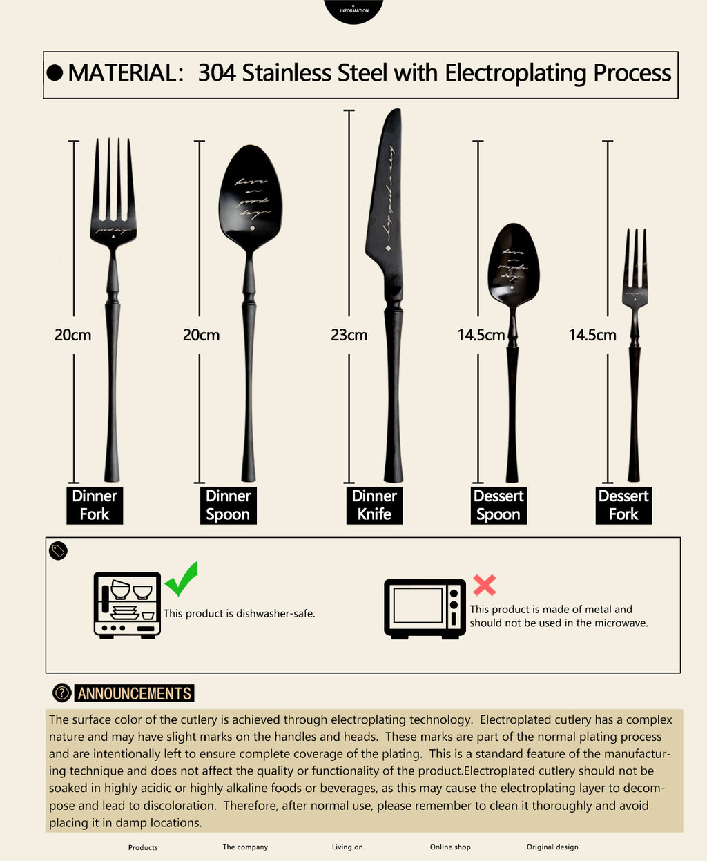 Unique & Beautiful Flatware Set Black Utensils Service For 5 with Dessert Fork,Dessert Spoon, Knife, Spoon, Dinner Fork，Stainless Steel Flatware, 5 Piece Place Setting