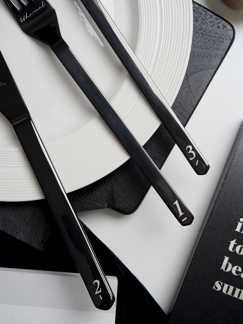 Unique & Beautiful Flatware Set - Black Polished Stainless Steel Utensils Service For 3, with Dinner Knife, Dinner Spoon, Dinner Fork, 3 Piece Place Setting