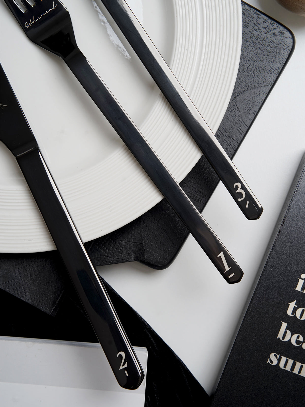 Unique & Beautiful Flatware Set - Black Polished Stainless Steel Utensils Service For 3, with Dinner Knife, Dinner Spoon, Dinner Fork, 3 Piece Place Setting