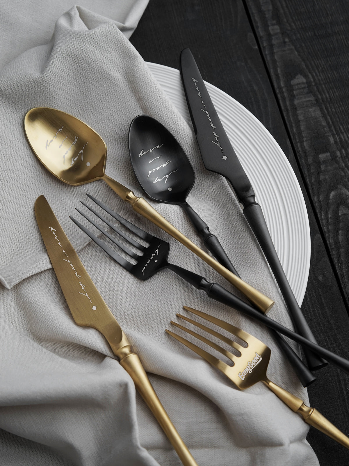 Unique & Beautiful Flatware Set Black Utensils Service For 5 with Dessert Fork,Dessert Spoon, Knife, Spoon, Dinner Fork，Stainless Steel Flatware, 5 Piece Place Setting