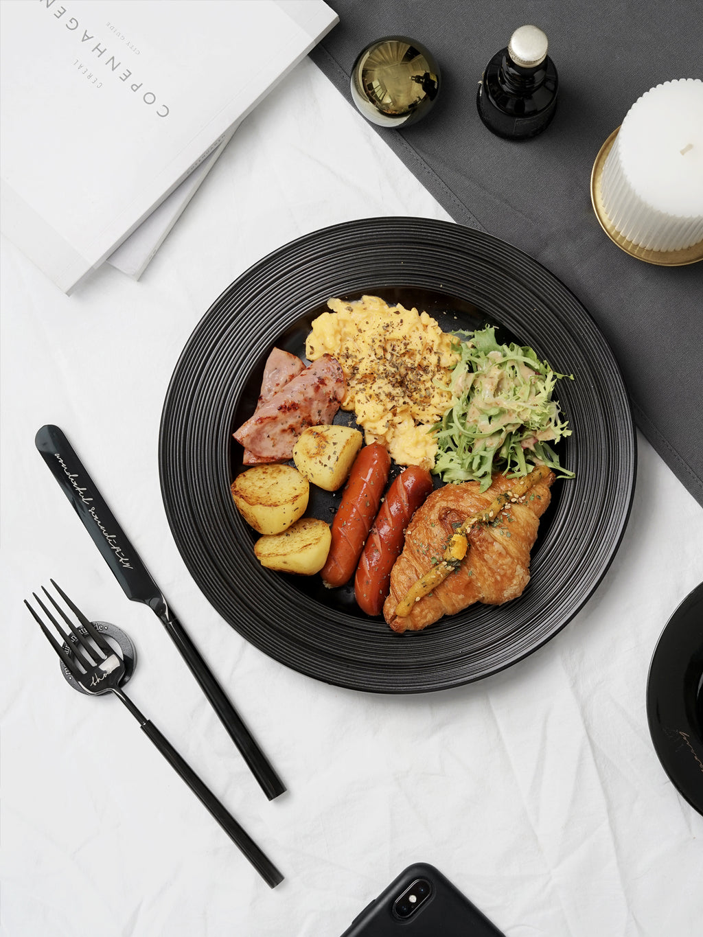 10" Dinner Plates with Relief Patterns, For Dessert, Salad, Appetizer, Small Lunch, Breakfast,Steak,Stylish Matte Black Ceramic Plates, Dishwasher and Microwave Safe
