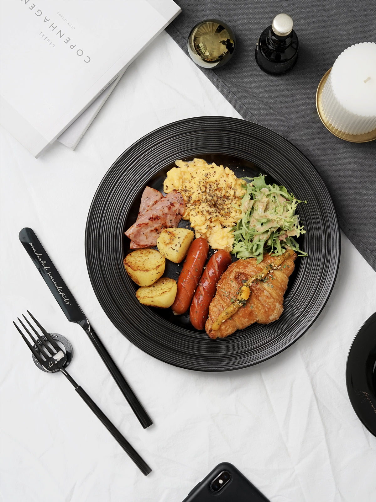 10" Dinner Plates with Relief Patterns, For Dessert, Salad, Appetizer, Small Lunch, Breakfast,Steak,Stylish Matte Black Ceramic Plates, Dishwasher and Microwave Safe