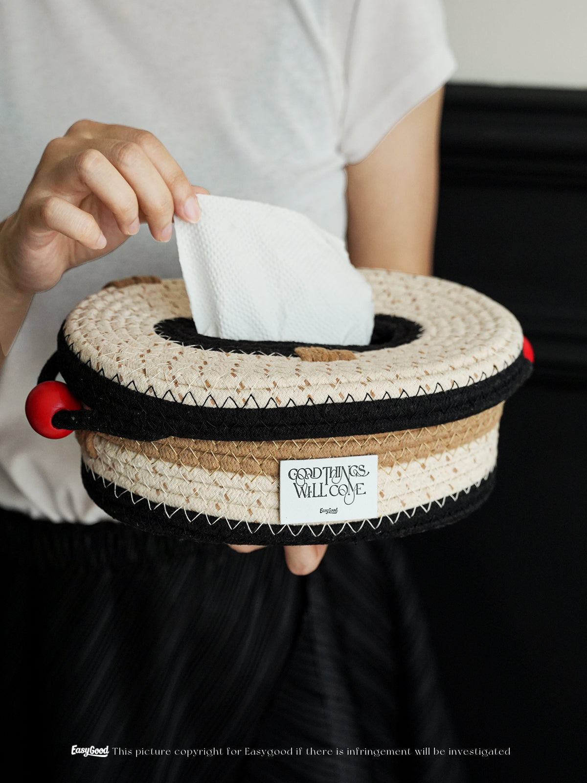 Handcrafted Cotton Cord Tissue Box with Decorative Red Ball，Home Decoration for Bedroom Dresser Night Stand Office Desk