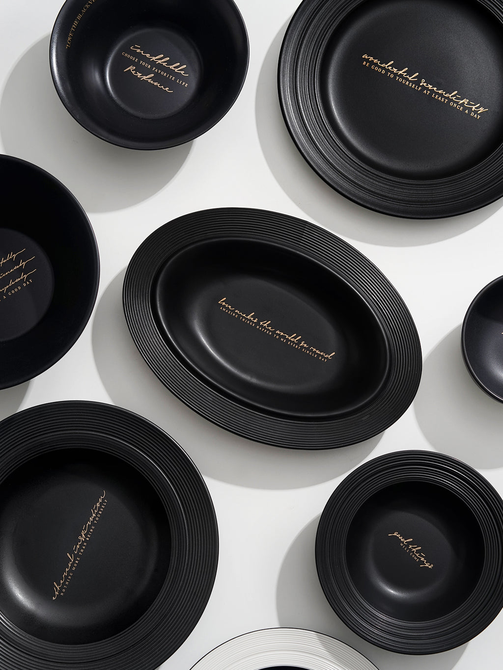 10.4" Oval Ceramic Plates with Relief Patterns, for Cereal, Soup, Rice, Pasta, Salad, Oatmeal,Breakfas,Stylish Matte Black Ceramic Plates, Dishwasher and Microwave Safe