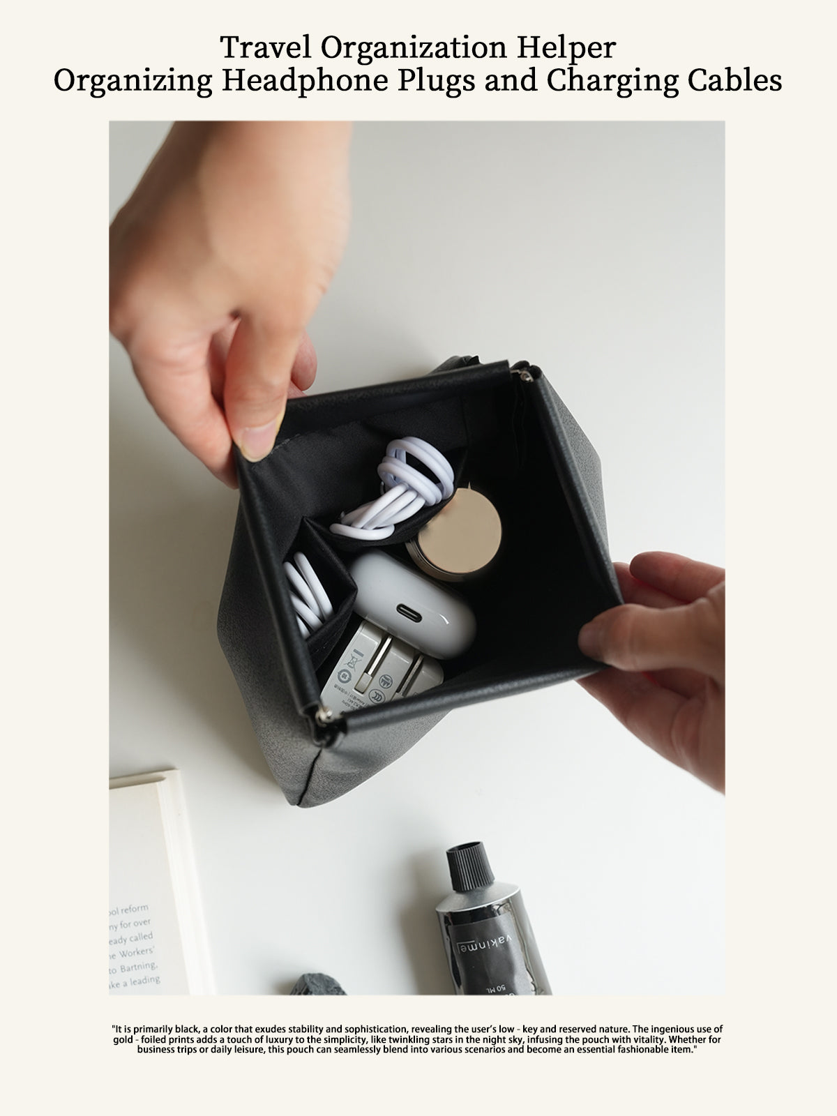 Automatic closure cosmetic organizer bag, travel-friendly, for storing data cables, miscellaneous items, passports, and coins.