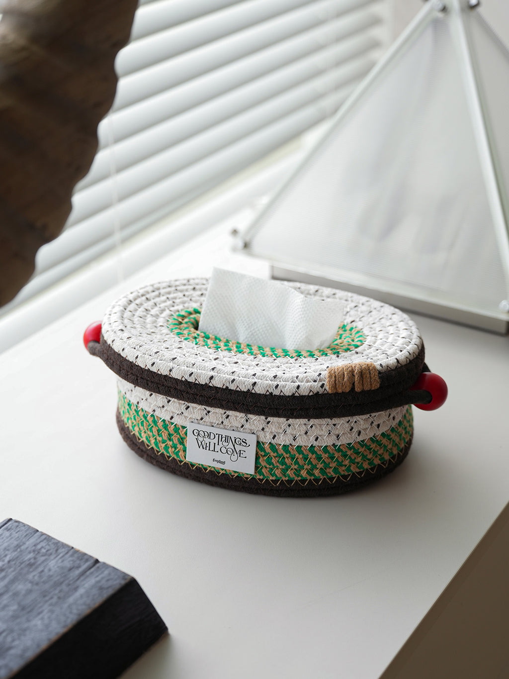Handcrafted Cotton Cord Tissue Box with Decorative Red Ball，Home Decoration for Bedroom Dresser Night Stand Office Desk