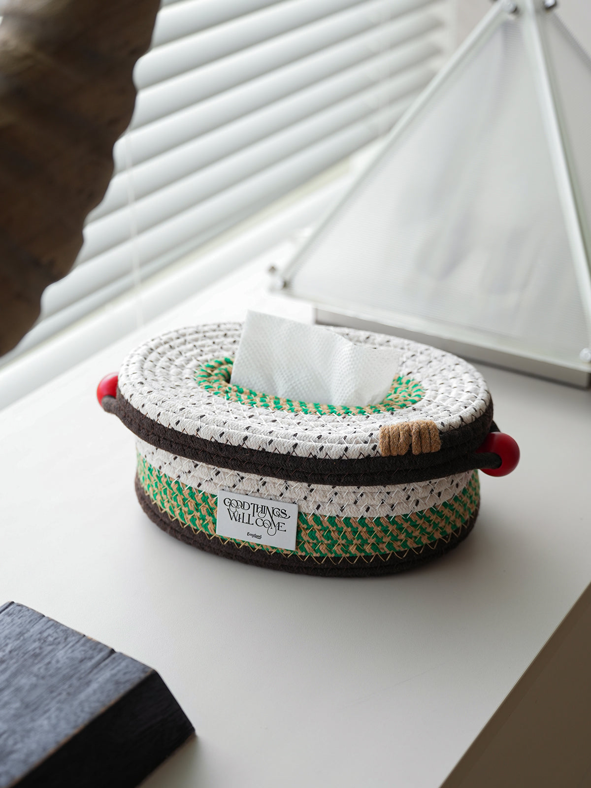 Handcrafted Cotton Cord Tissue Box with Decorative Red Ball，Home Decoration for Bedroom Dresser Night Stand Office Desk