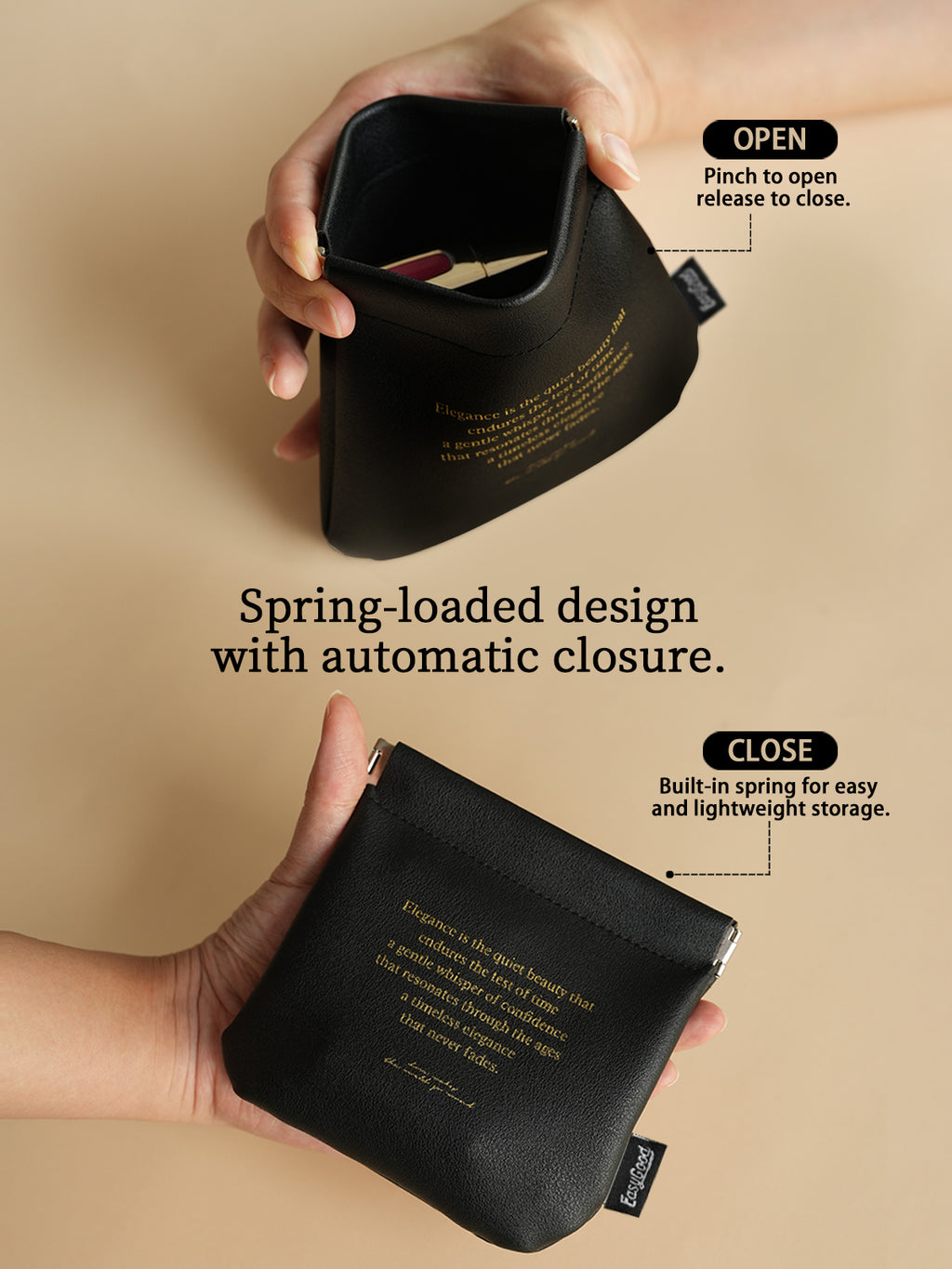 Automatic closure cosmetic organizer bag, travel-friendly, for storing data cables, miscellaneous items, passports, and coins.