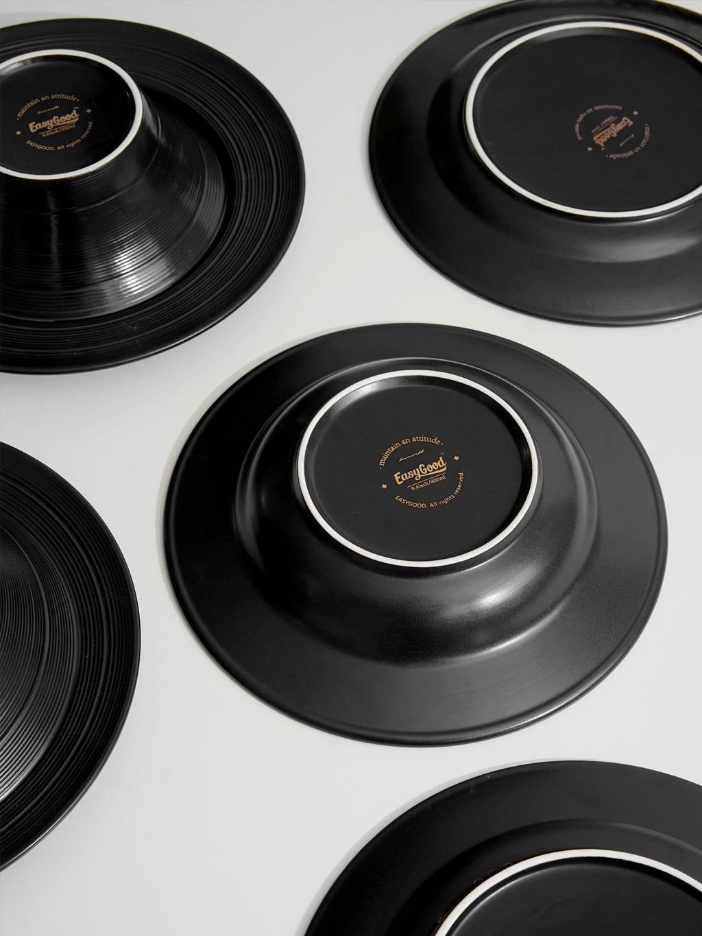 8.9" Premium Ceramic Soup Plates with Relief Patterns, for Cereal, Soup, Rice, Pasta, Salad, Oatmeal,Breakfast,Stylish Matte Black Ceramic Plates, Dishwasher and Microwave Safe
