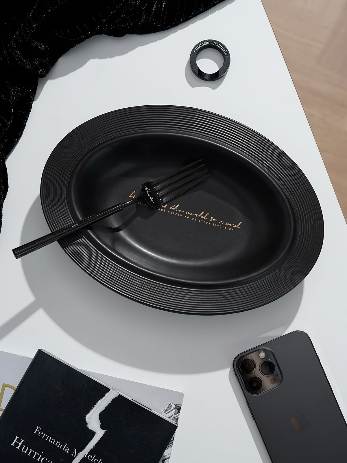 10.4" Oval Ceramic Plates with Relief Patterns, for Cereal, Soup, Rice, Pasta, Salad, Oatmeal,Breakfas,Stylish Matte Black Ceramic Plates, Dishwasher and Microwave Safe
