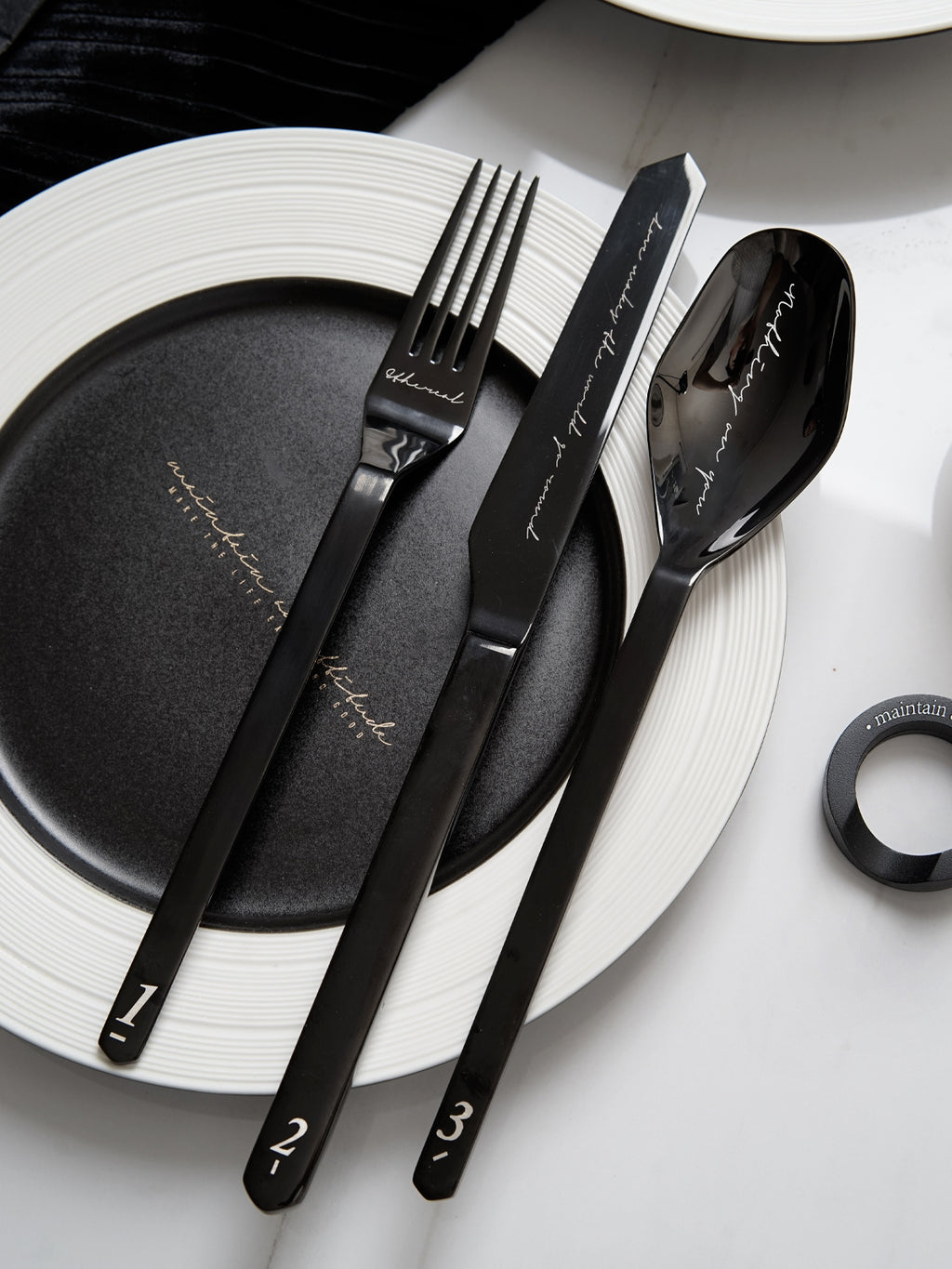 Unique & Beautiful Flatware Set - Black Polished Stainless Steel Utensils Service For 3, with Dinner Knife, Dinner Spoon, Dinner Fork, 3 Piece Place Setting