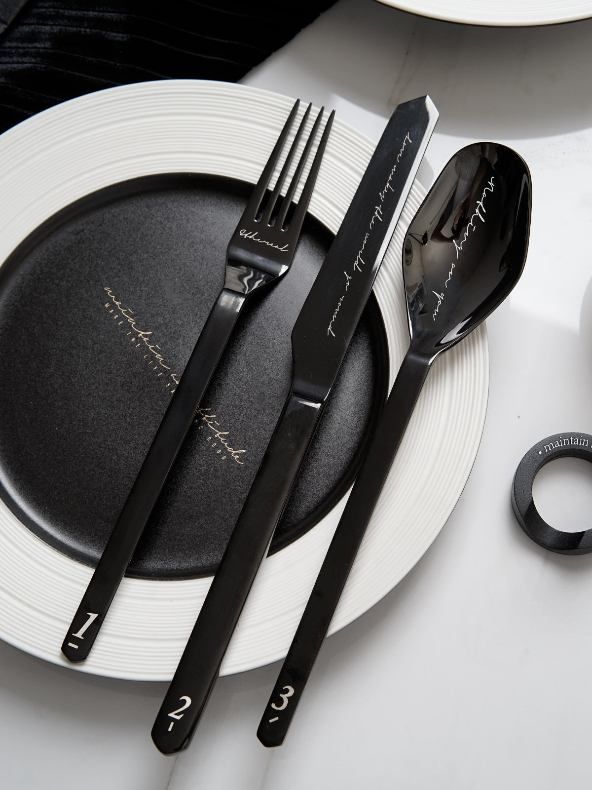 Unique & Beautiful Flatware Set - Black Polished Stainless Steel Utensils Service For 3, with Dinner Knife, Dinner Spoon, Dinner Fork, 3 Piece Place Setting