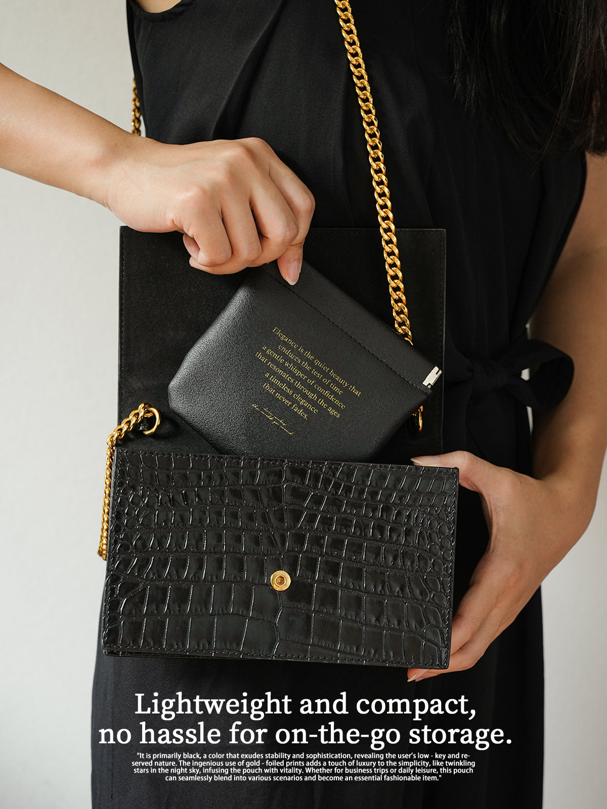 Automatic closure cosmetic organizer bag, travel-friendly, for storing data cables, miscellaneous items, passports, and coins.