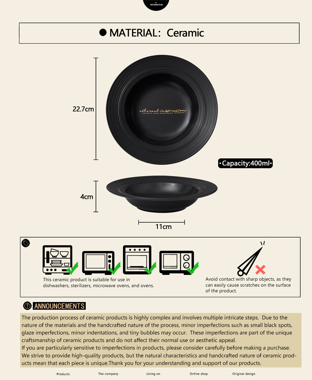 8.9" Premium Ceramic Soup Plates with Relief Patterns, for Cereal, Soup, Rice, Pasta, Salad, Oatmeal,Breakfast,Stylish Matte Black Ceramic Plates, Dishwasher and Microwave Safe