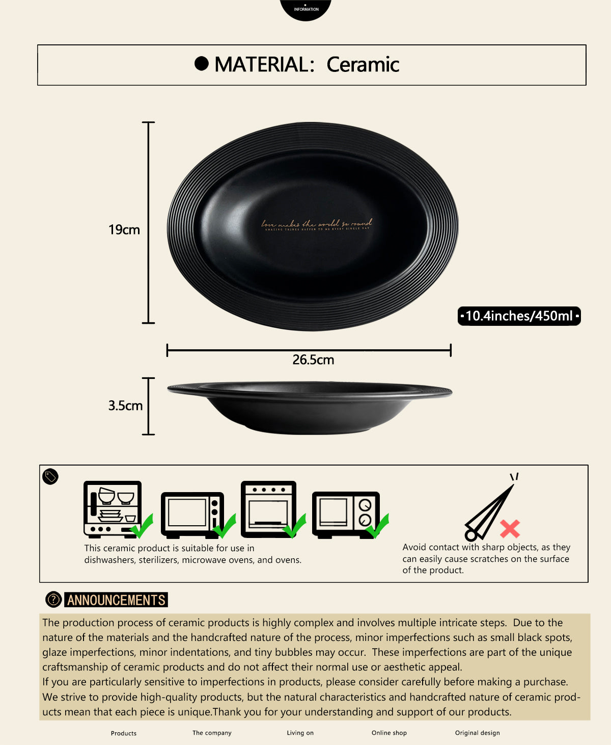 10.4" Oval Ceramic Plates with Relief Patterns, for Cereal, Soup, Rice, Pasta, Salad, Oatmeal,Breakfas,Stylish Matte Black Ceramic Plates, Dishwasher and Microwave Safe