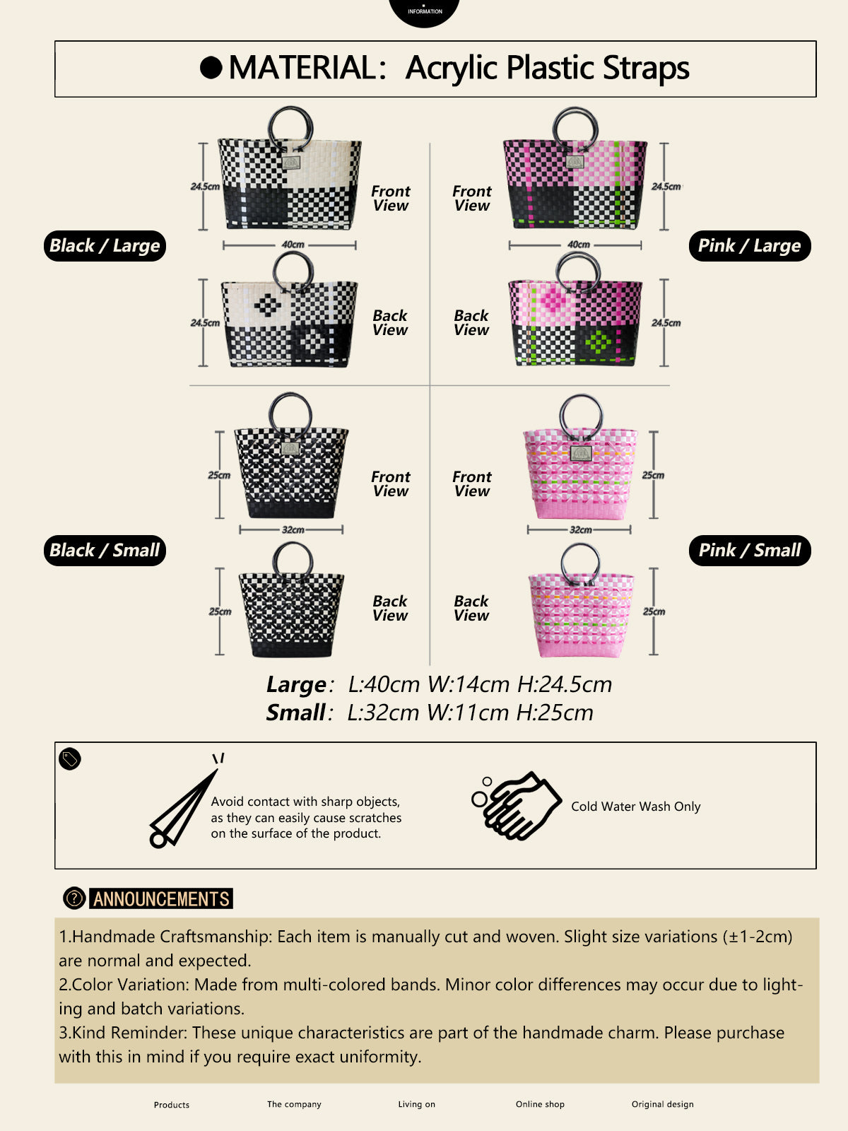 Handwoven Acrylic Tote Basket，Perfect for Market & Beach