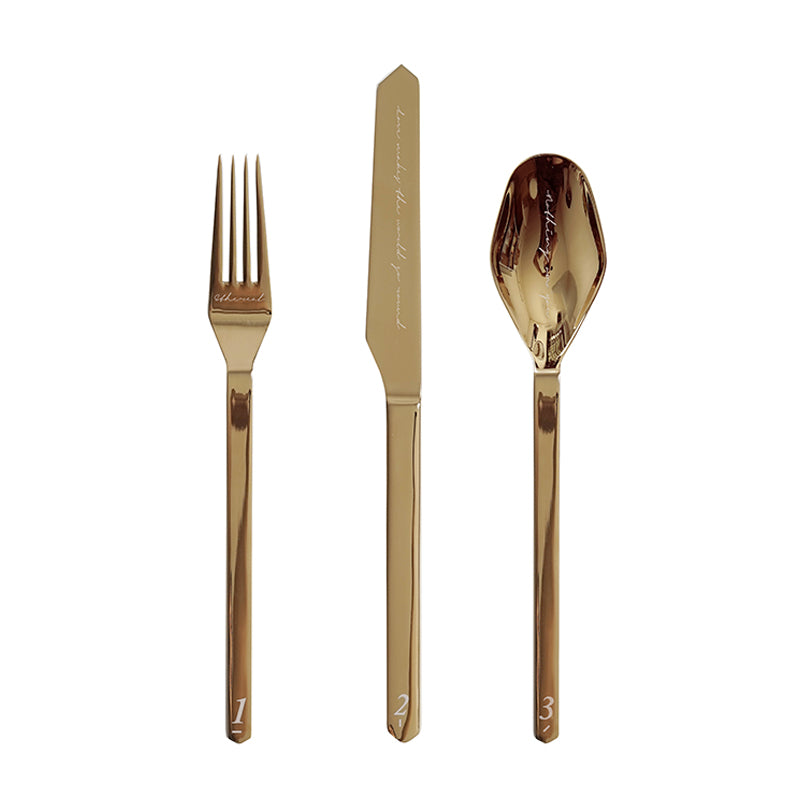 Unique & Beautiful Flatware Set - Golden Polished Stainless Steel Utensils Service For 3, with Dinner Knife, Dinner Spoon, Dinner Fork, 3 Piece Place Setting