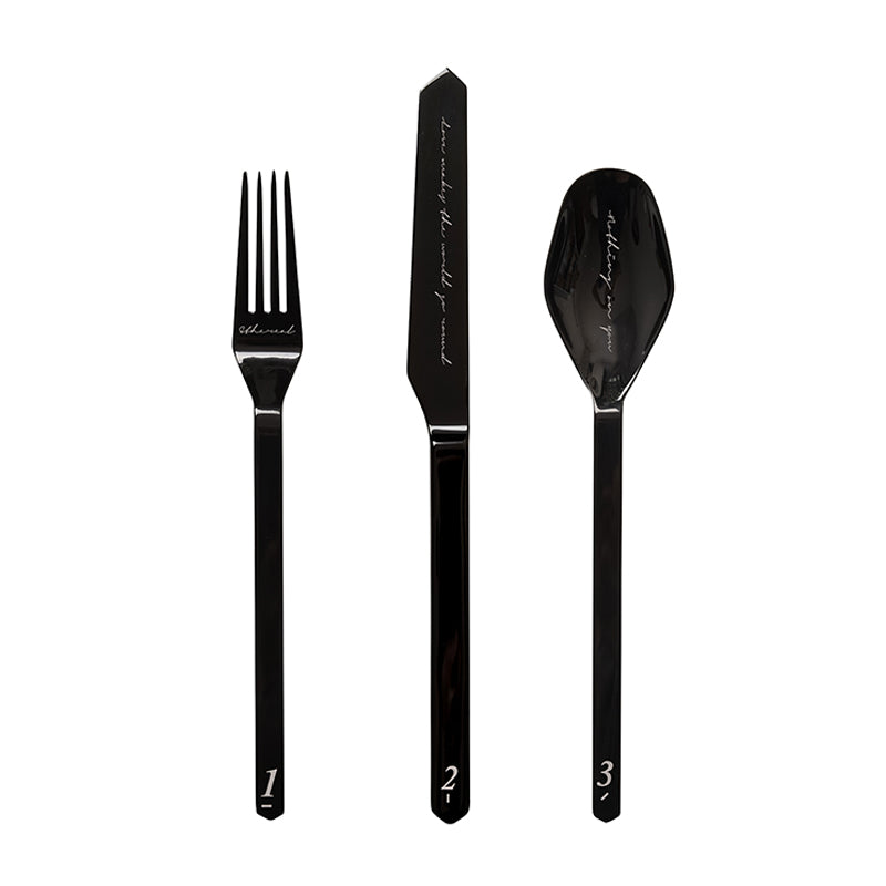 Unique & Beautiful Flatware Set - Black Polished Stainless Steel Utensils Service For 3, with Dinner Knife, Dinner Spoon, Dinner Fork, 3 Piece Place Setting